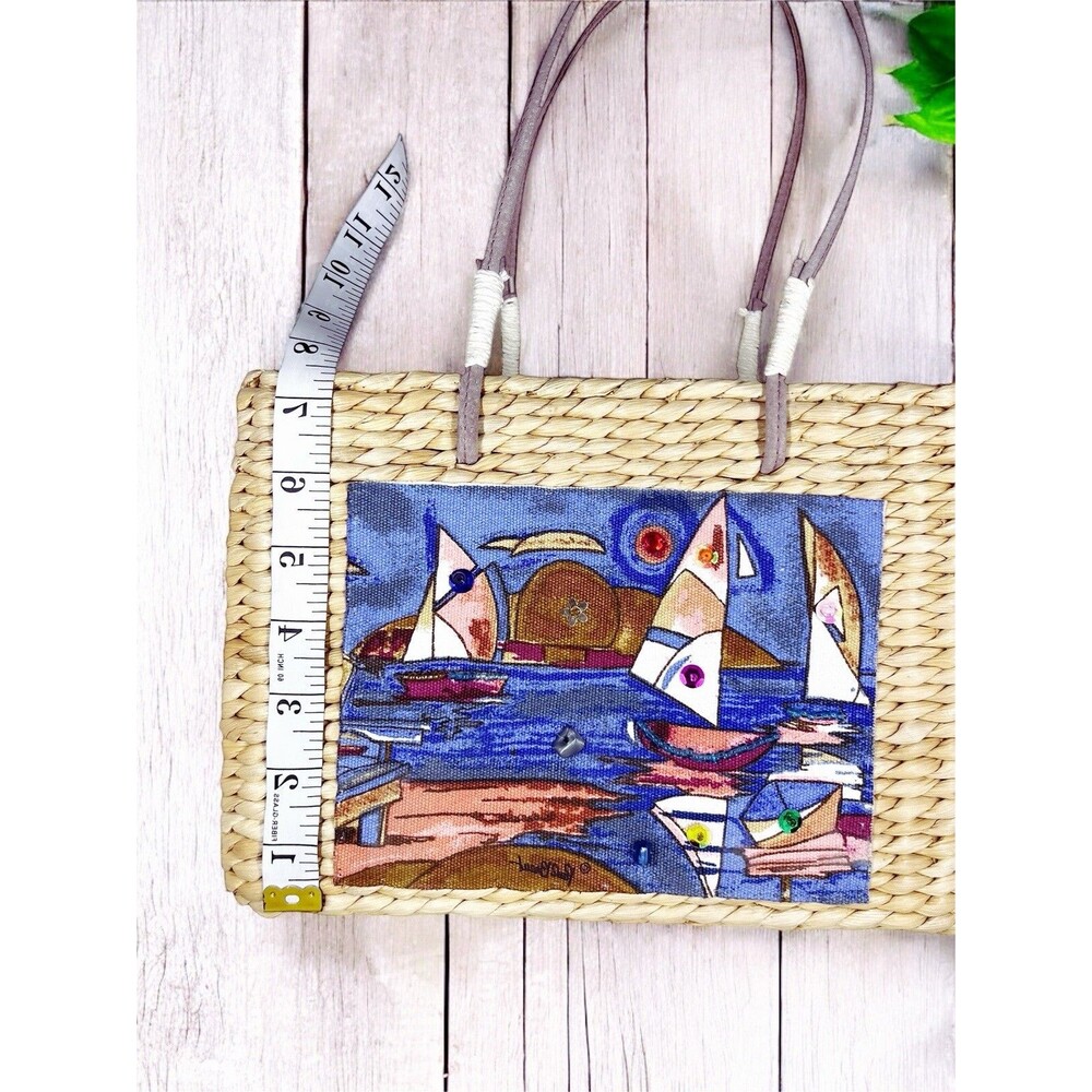 Sun & Sand Sailboats Straw Purse Embellished Sequins Paul Brent Wearable Art